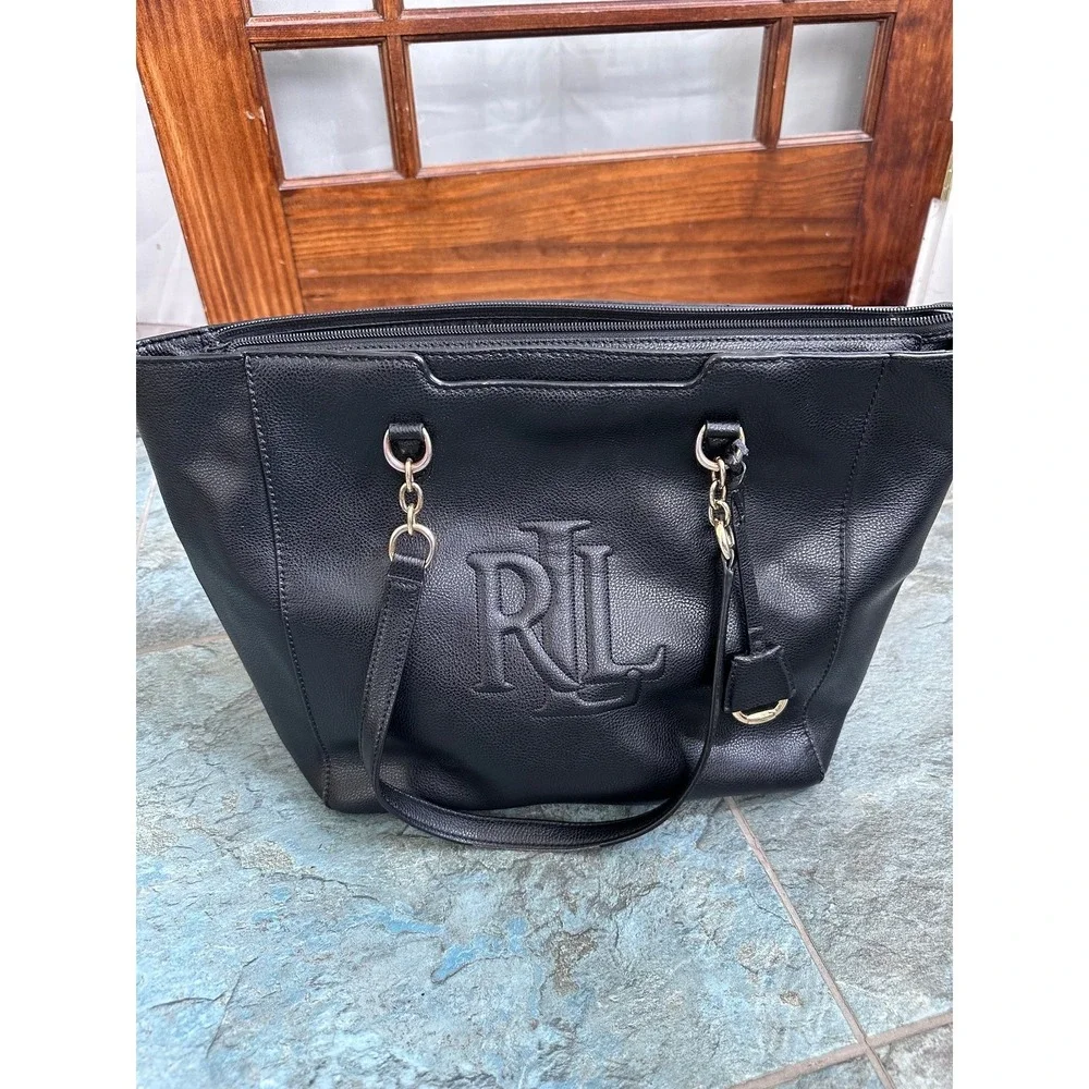 Lauren Ralph Lauren Satchel Black Shoulder Bag Leather Embossed Logo *scuff